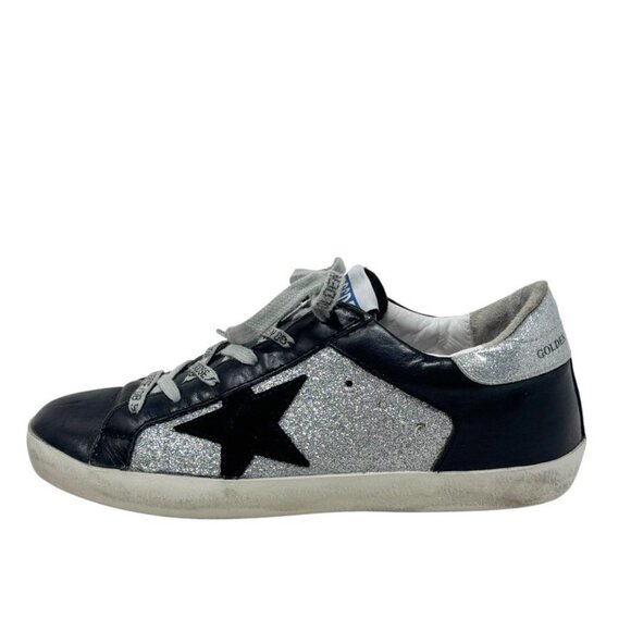 Golden Goose Superstar Sneakers Women Size 37 Silver Glitter Black Star Leather - Picture 6 of 15